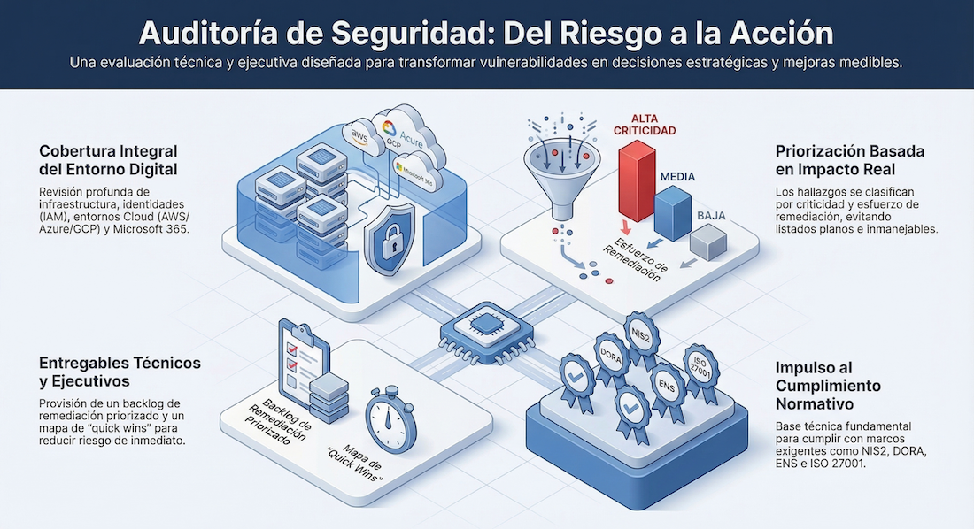 Infographic about cybersecurity audits showing digital environment coverage, prioritization of findings, technical deliverables and support for compliance