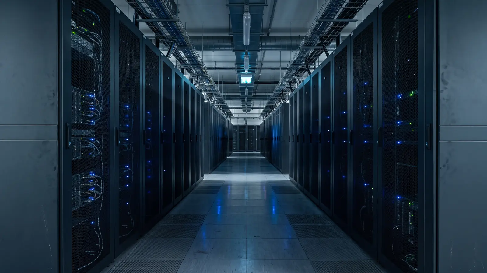 Pasillo entre racks de un centro de datos con los indicadores de los equipos encendidos