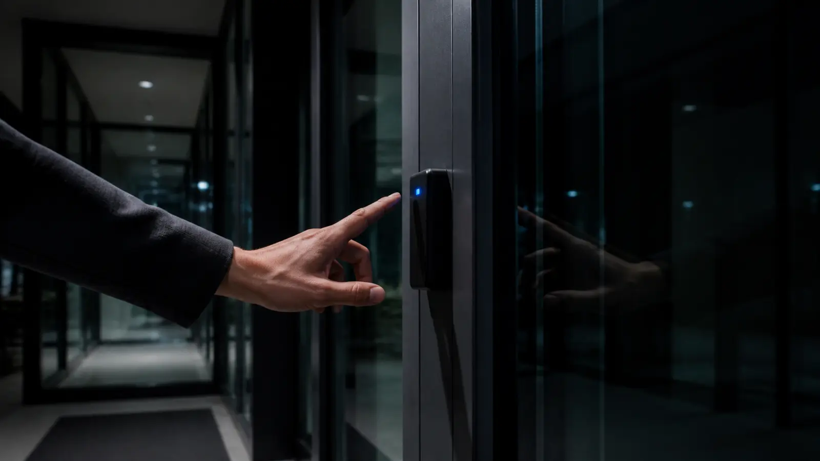 Una mano acerca el dedo a un lector de control de acceso junto a una puerta acristalada de oficina
