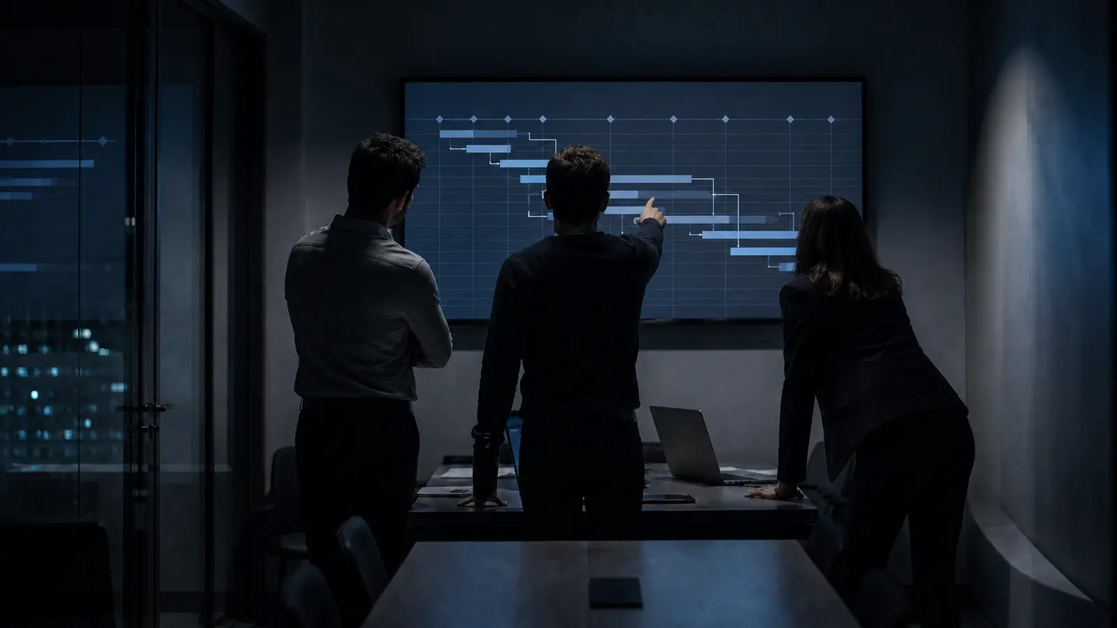 Three people reconstructing an incident timeline on a wall screen in a darkened room