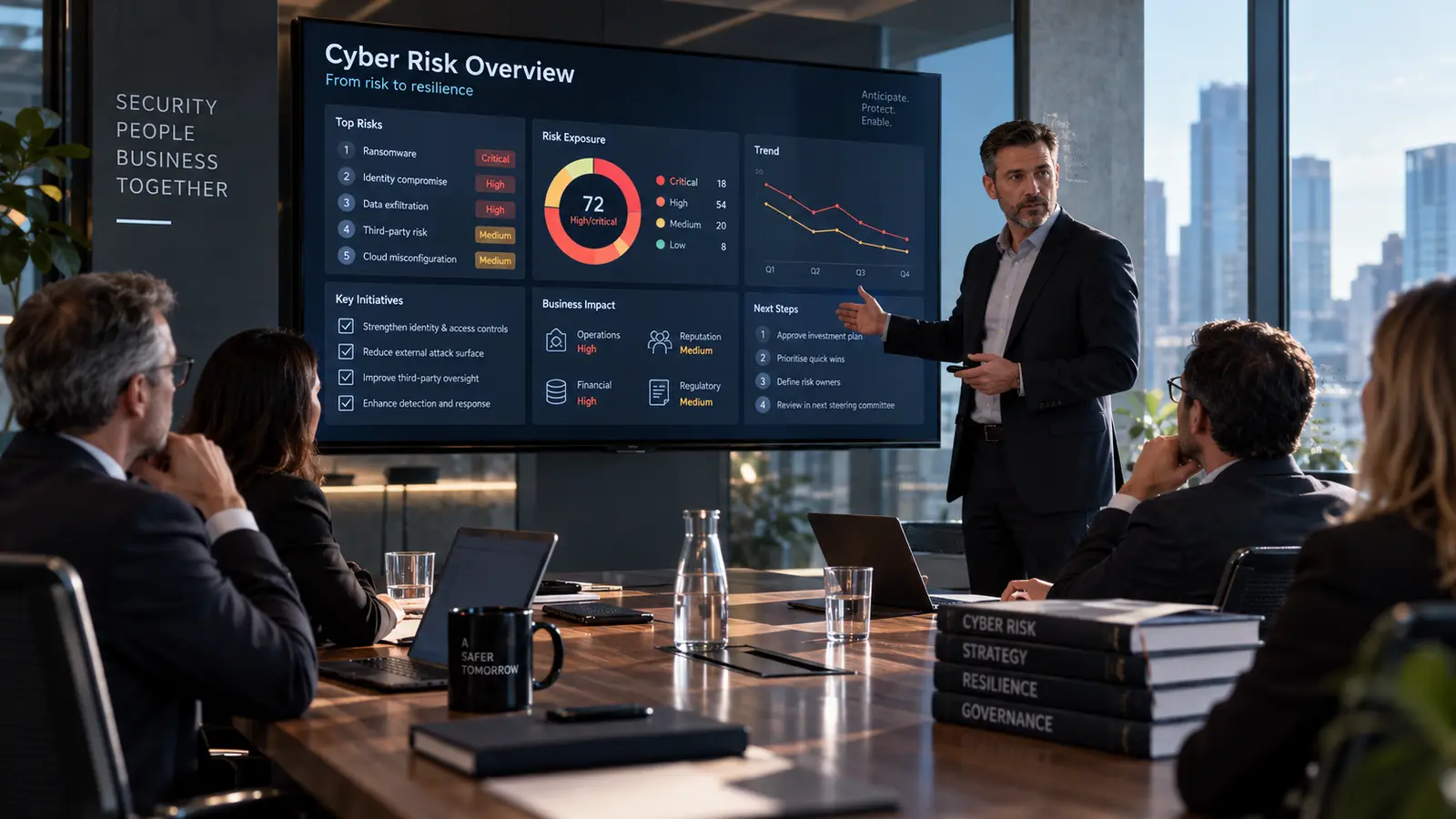 A virtual CISO presents the state of risk and the next decisions to a management committee